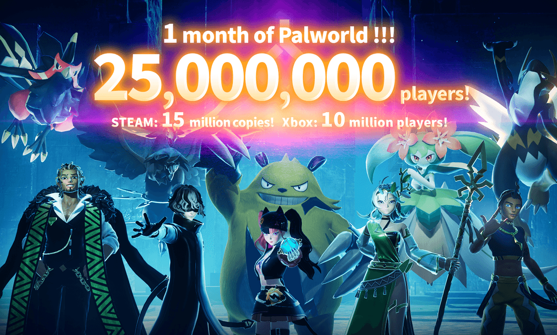 Official Palworld promotional material, celebrating 25 million downloads in the first month of release.